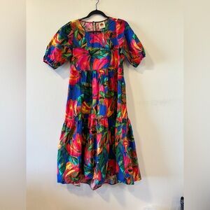 Farm Rio Bananamix Tiered Cotton Puff Sleeves Multicolor Midi Dress Womens Small